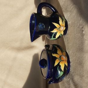 Vintage cobalt blue with sunflower design sugar and cream Finest China